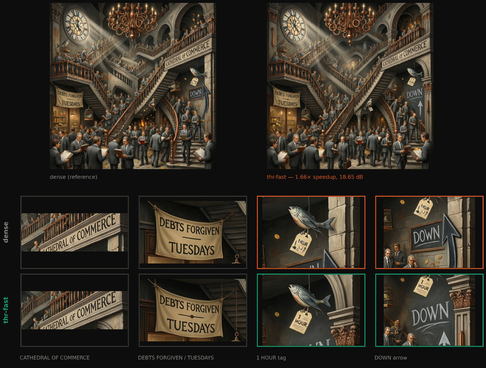dense vs thr-fast crops on the escher-bosch prompt, comparing text legibility